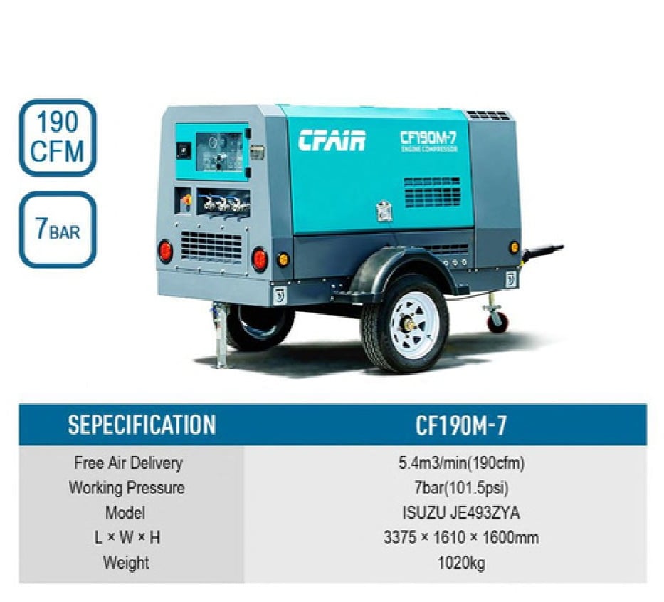 190CFM Mobile Air Compressor for Sale